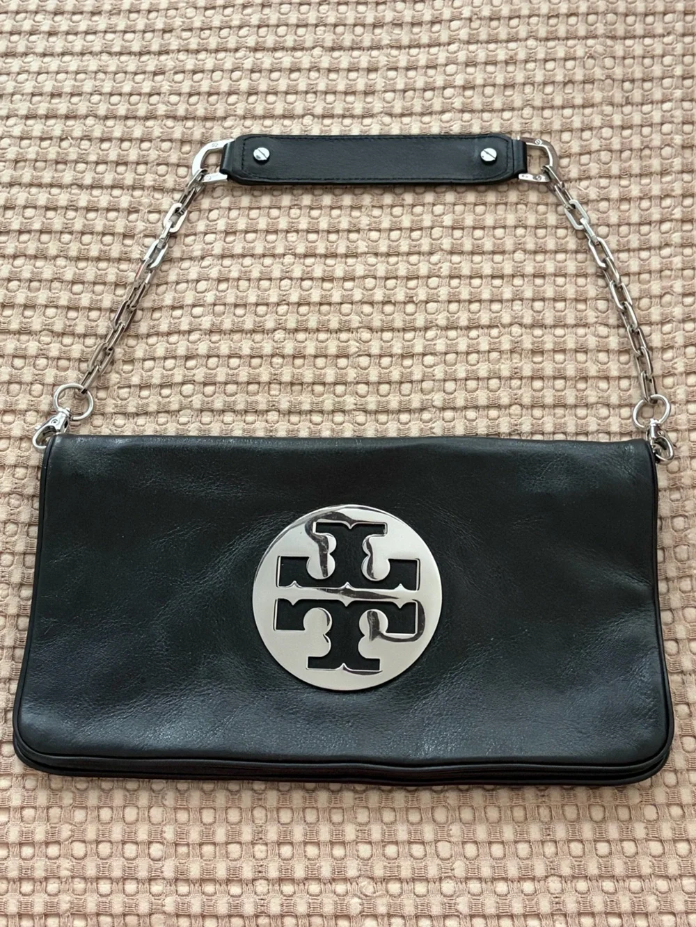 Tory Burch Black Leather Reva Bag with Silver Logo Medallion